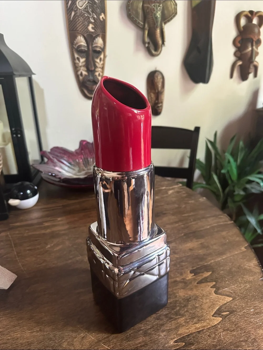 Red & Silver Large Lipstick-Shaped Decorative ceramic Vase